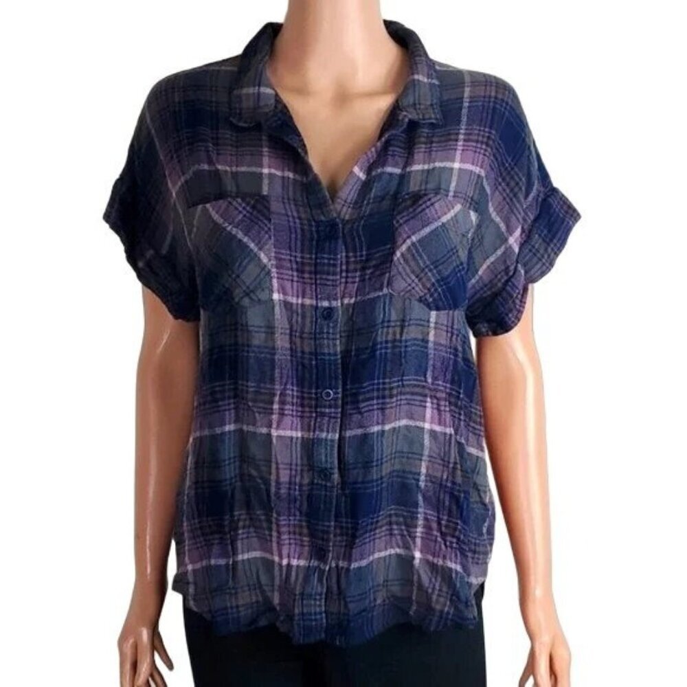 Anthropologie Cloth & Stone Purple Plaid Button Down Top - Picture 1 of 6